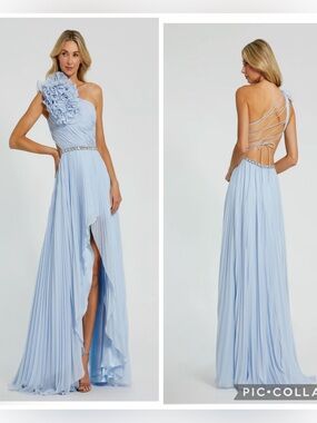 NWT MAC DUGGAL 49687 Rhinestone Pleated One Shoulder Maxi Blue Gown size 2